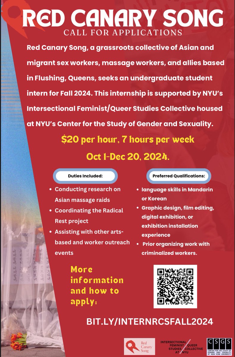 Center for the Study of Gender and Sexuality @ NYU (@csgsnyu) on Twitter photo We are thrilled to announce an internship opportunity for NYU undergraduates with <a href="/RedCanarySong/">Red Canary Song</a>
More information here: BIT.LY/INTERNRCSFALL2… We are thrilled to announce an internship opportunity for NYU undergraduates with <a href="/RedCanarySong/">Red Canary Song</a>
More information here: BIT.LY/INTERNRCSFALL2…