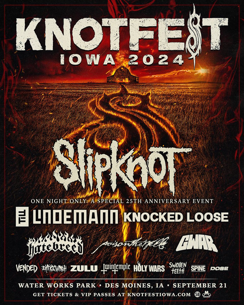 KNOTFEST IOWA returns September 21, 2024 featuring Slipknot, Till Lindemann, Knocked Loose and many more for a one night only special 25th Anniversary Event at Water Works Park in Des Moines, IA. Tickets + VIP Passes on-sale this Friday at knotfestiowa.com