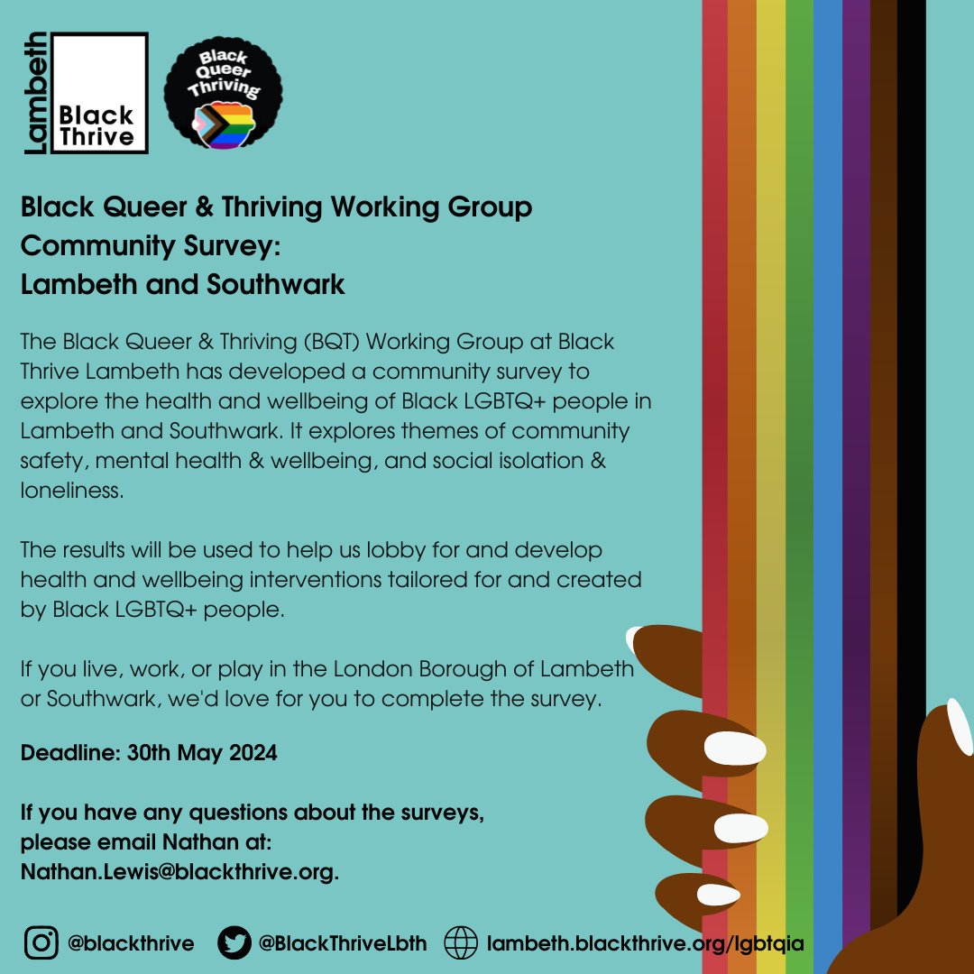 ‼️ Deadline Extension‼️ 🌈✨ Calling all Black queer folks in Lambeth & Southwark ✨ Reflect on Black LGBTQ+ health & let's shape interventions that truly reflect our community's needs. 🗣️Your voice matters! Lambeth 👉🏾 bit.ly/BQTcs23 Southwark 👉🏾 bit.ly/BQTcs2024S