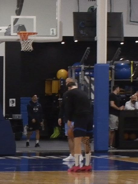 Luka Doncic was shooting free throws during the viewing portion of today's Dallas Mavericks practice. He's dealt with right knee soreness during the playoffs but had a new look with tape on his right leg.