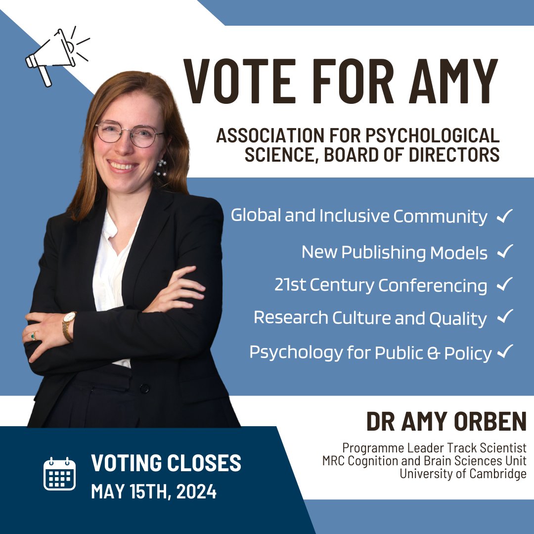 I'm excited & honoured to be running for the @PsychScience Board of Directors (thanks to @siminevazire & @BrianNosek for the nomination!). Voting opens tomorrow 📆 You can find more information (+ some videos 🤓) about my priorities here: orben.group/association-fo…