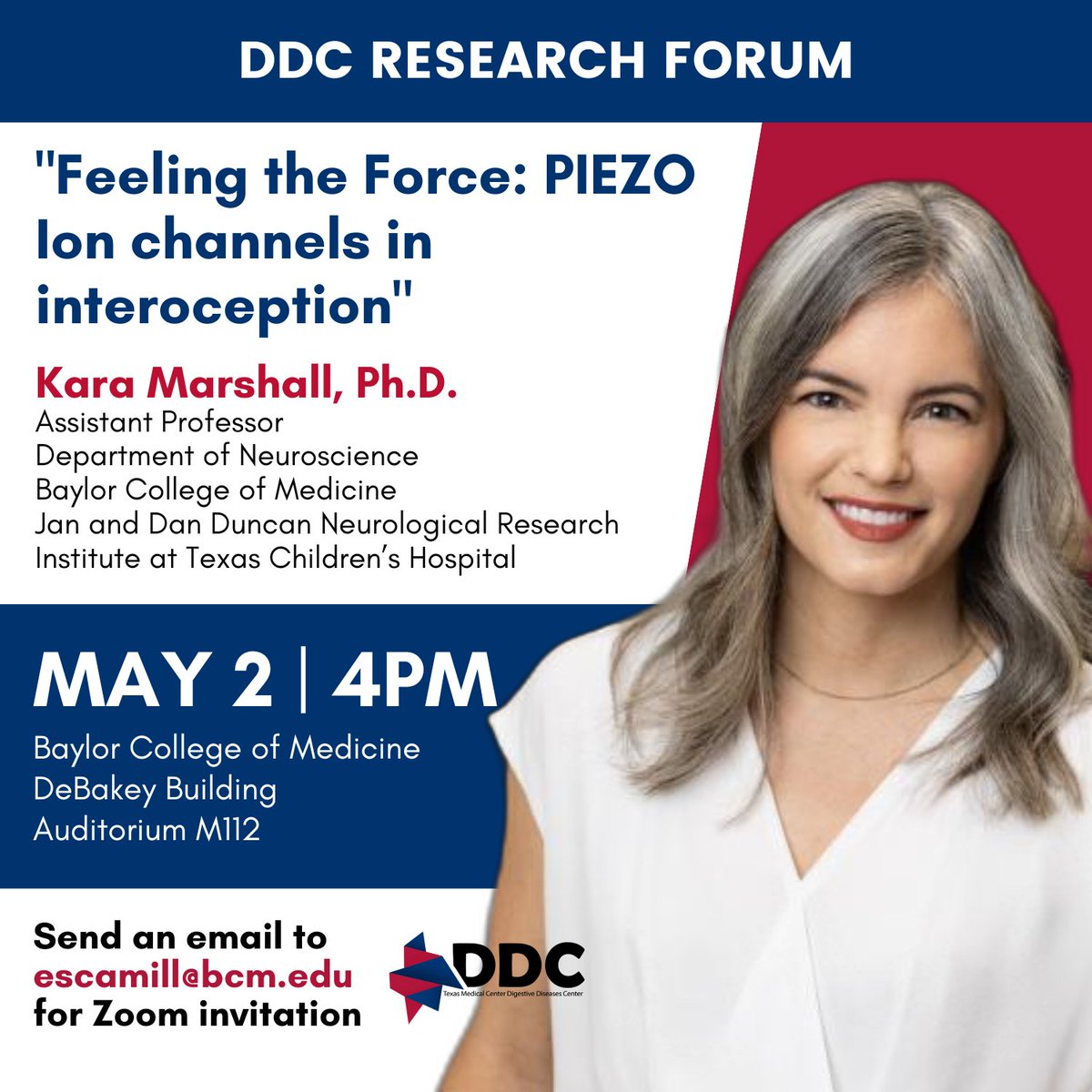 This week's #TMC #DDC #giresearch Forum features Dr. @KaraLMarshall, Assistant Professor from the @bcm_neurosci and NRI @TexasChildrens! She'll discuss #PIEZO ion channels and their response to mechanical force stimuli, bridging #neuroscience, #physiology, and cell biology🧠
