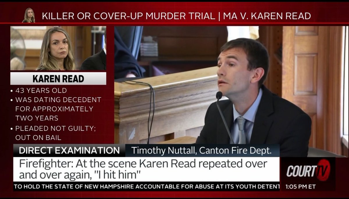 ADMISSION!!! 💯⚖️  Firefighter testifies that defendant Karen Read said over and over again, “I HIT HIM.”  👀
@CourtTV #JusticeForJohnOKeefe
