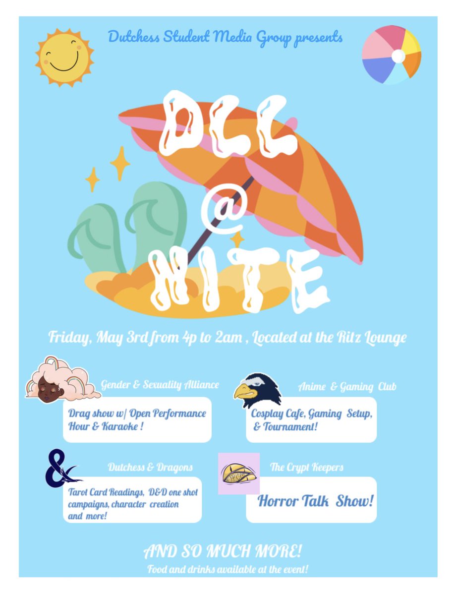 Dutchess_Media's tweet photo. In only a few days we will be presenting DCC@Nite in Dutchess Hall!!! Get ready for May 3rd to end your semester on a high note!!! https://t.co/SGLV6SEWCr