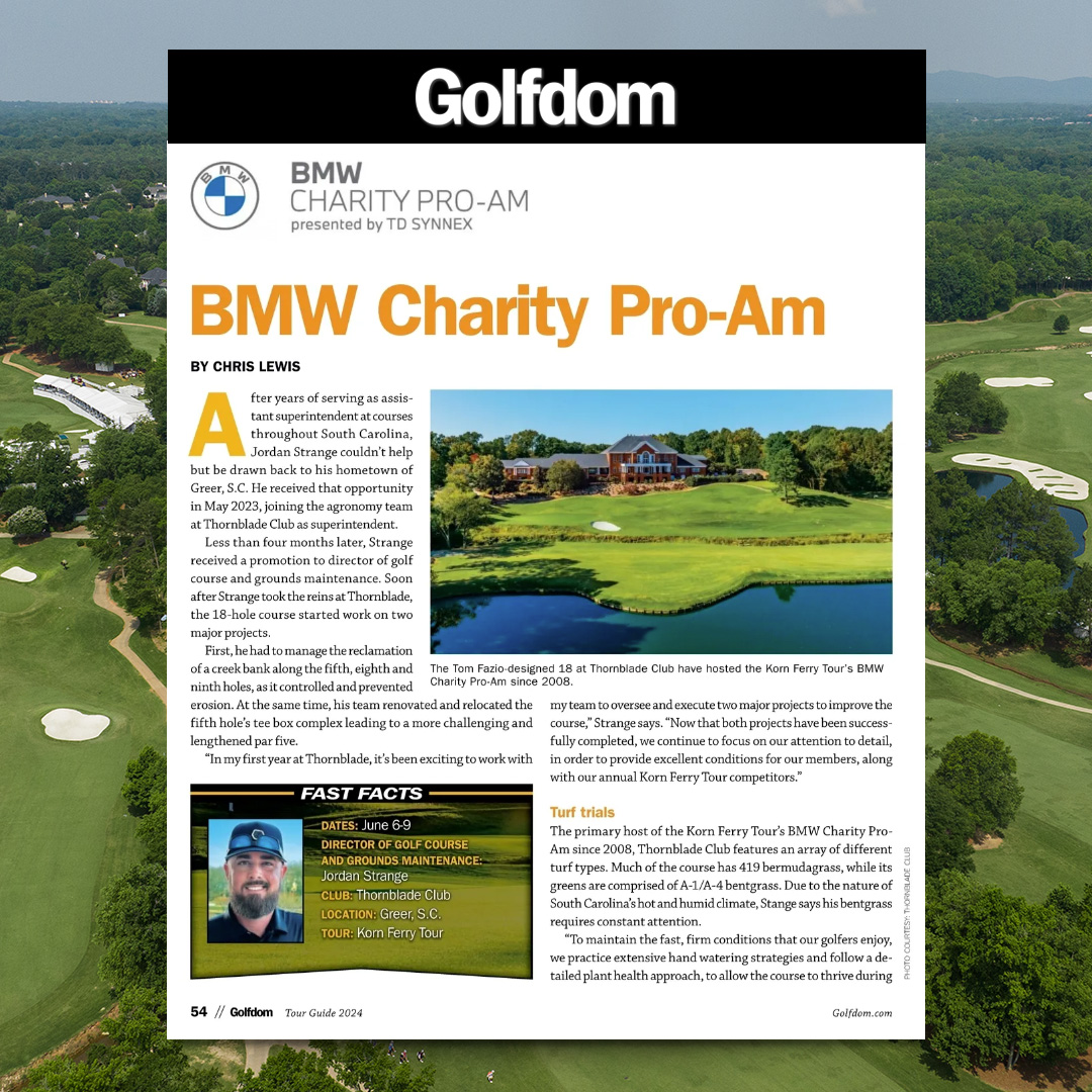 We are excited to see the BMW Charity Pro-Am, along with the @thornbladeclub's new Superintendent, Jordan Strange, and @thornbladeag team, all featured in the latest issue of <a href="/Golfdom/">Golfdom</a> Magazine.