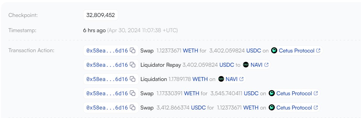 🫗 NAVI Liquidation Tracking With @blockvisionhq  

In addition to recently including our Flash Loans data, suivision.xyz has added Liquidation tracking to their block explorer for #NAVI Protocol. 

This enables users to track liquidations in detail and determine how
