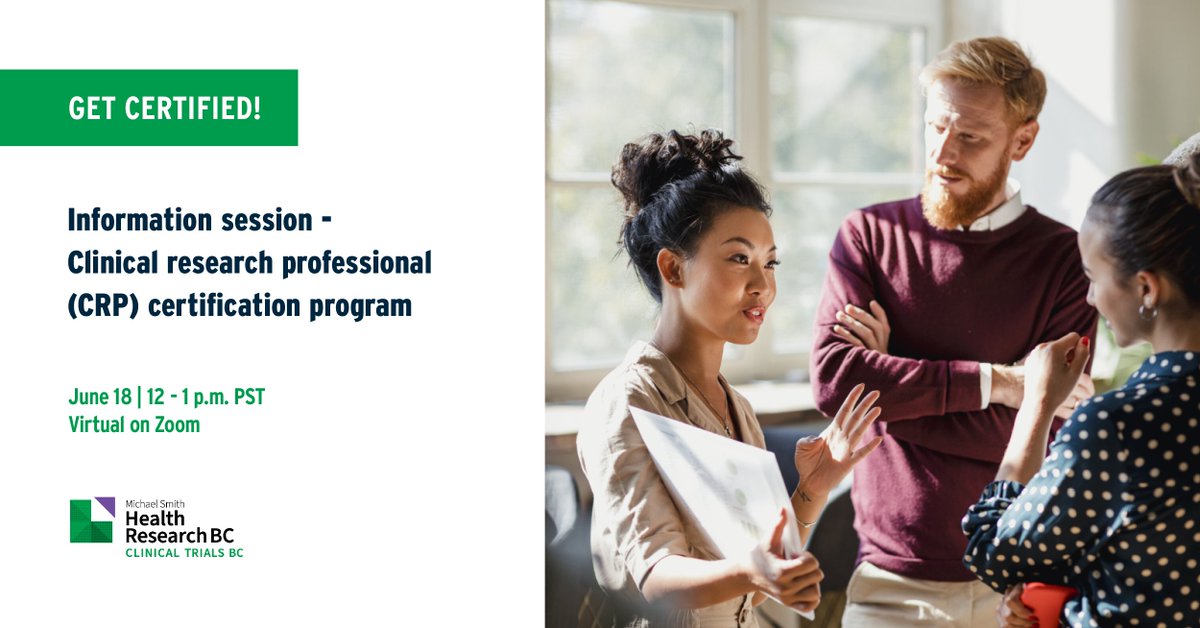 📅🖥️ Are you working at a clinical trial investigator site in BC and planning to become a certified #clinicalresearch professional? Join our CRP program info session June 18 to learn how we can support you in this important career step. bit.ly/3QesNAH