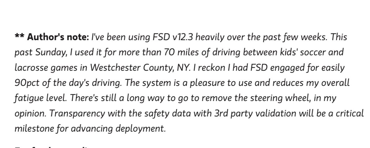 Morgan Stanley’s Adam Jonas on Tesla FSD (Supervised): “I've been using FSD v12.3 heavily over the past few weeks. This past Sunday, I used it for more than 70 miles of driving between kids' soccer and lacrosse games in Westchester County, NY. I reckon I had FSD engaged for…