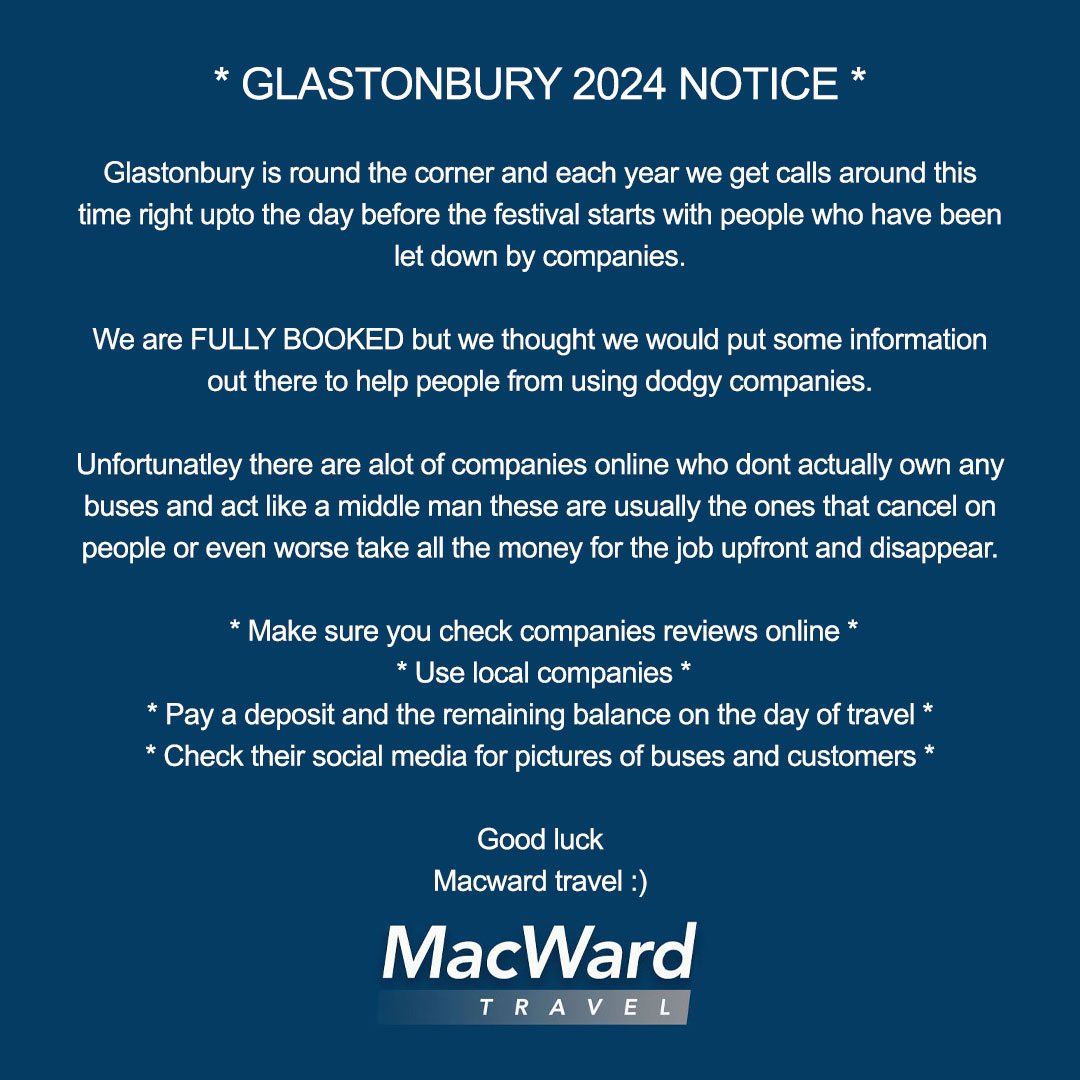 🚨 GLASTONBURY 2024 NOTICE 🚨

Please SHARE the following information and let’s stop people getting scammed out of money 🫶🏻

#minibusliverpool #glastonbury