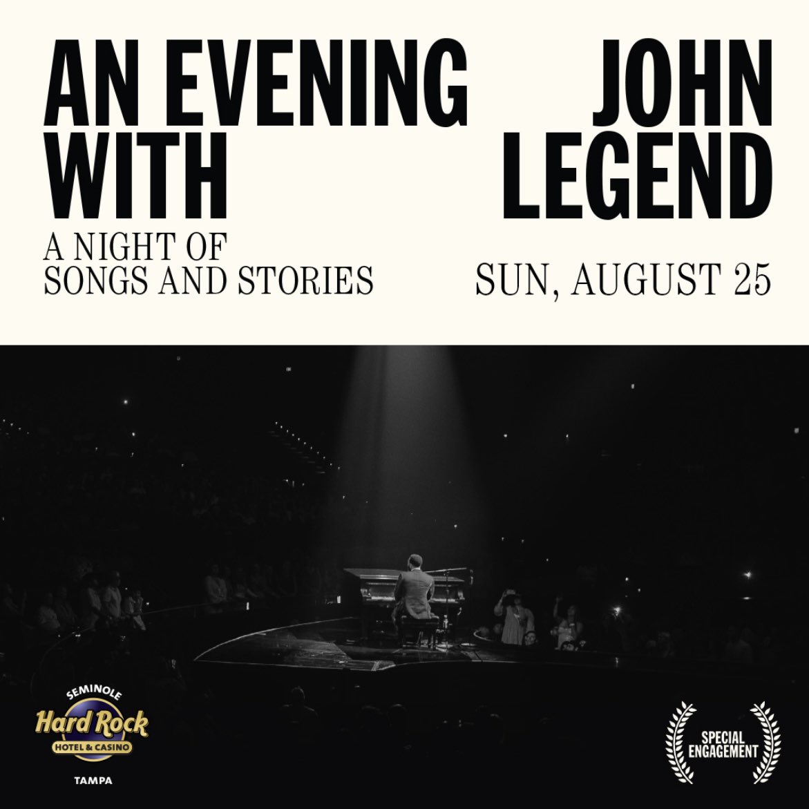 🚨JUST ANNOUNCED🚨 John Legend is returning to the Hard Rock Tampa stage on Sunday, August 25!

Social media presale is happening this Thursday, May 2, at 10AM!
Password | TUNEIN
🔗 Ticket link: tr.ee/HVx85KQkwt

GA tickets go on sale Friday, May 3, at 10AM.