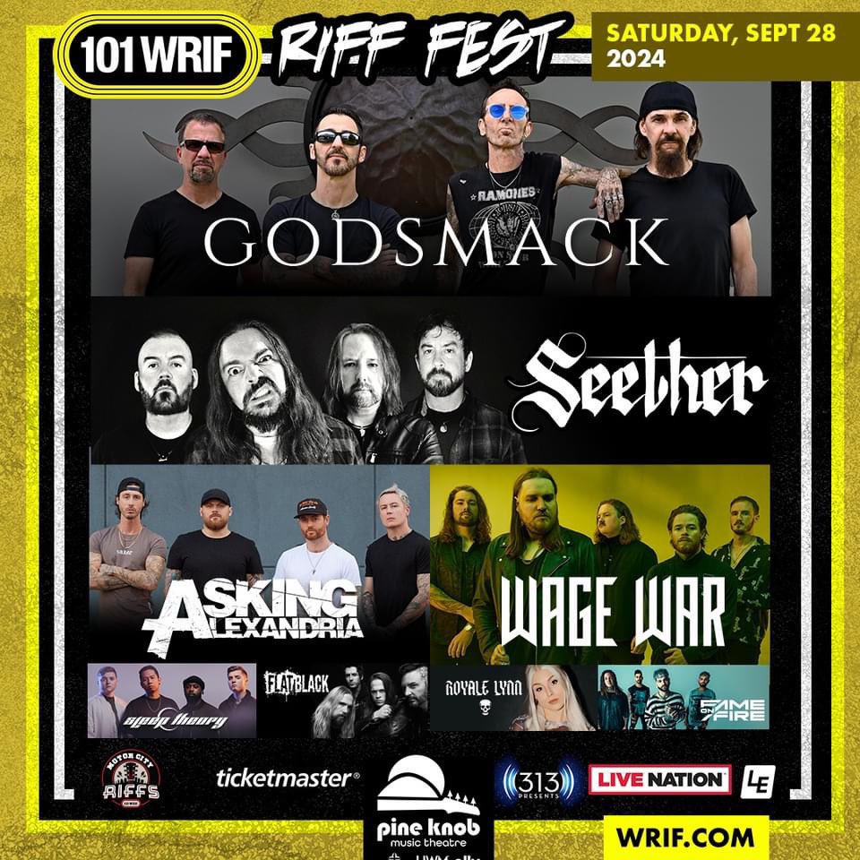 ⚠️Godsmack* Artist Pre-Sale is LIVE for @101wrif #RiffFest on Sat. Sept 28 at @PineKnobMusic! *Pre-Sale Password: AWAKE 🎫 Grab your tickets at: ticketmaster.com/event/0800609A… #101wrif #godsmack #radiofestival #rockfestival #Detroit #Michigan #MI