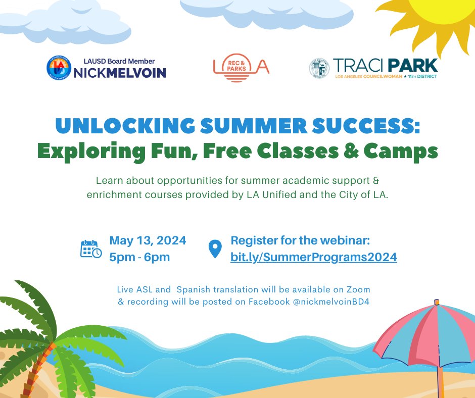 Join me on May 13 to learn about summer options for free academic support, enrichment classes, and camps provided by LA Unified and the City of LA! 🌞@LACityParks