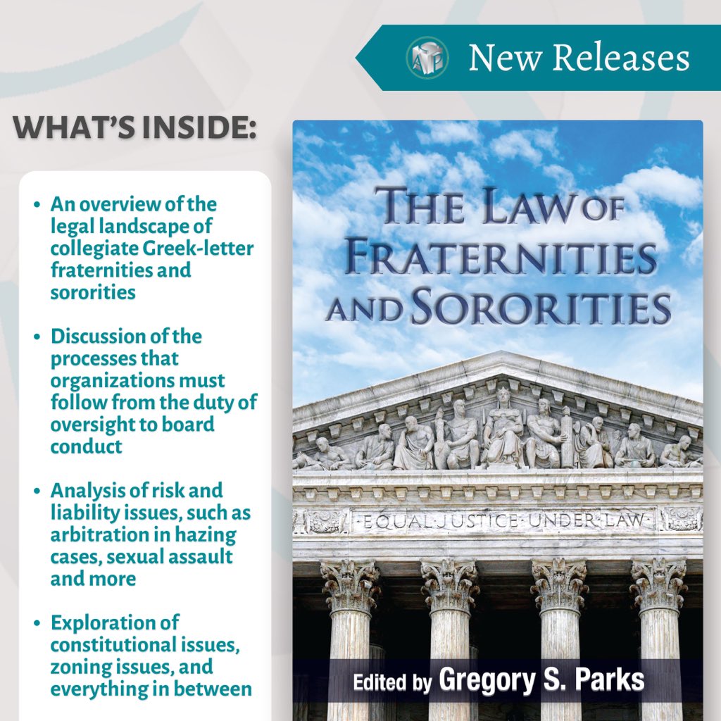 Carolina Academic Press 📖 Book Publisher (@capbooks) on Twitter photo 🏛️ A Brand-new casebook “The Law of Fraternities and Sororities” Gregory S. Parks (<a href="/BlackJDPhD/">Gregory Parks JD/PhD</a>, <a href="/WFULawSchool/">Wake Forest Law</a>) 3/
cap-press.com/books/isbn/978… 🏛️ A Brand-new casebook “The Law of Fraternities and Sororities” Gregory S. Parks (<a href="/BlackJDPhD/">Gregory Parks JD/PhD</a>, <a href="/WFULawSchool/">Wake Forest Law</a>) 3/
cap-press.com/books/isbn/978…