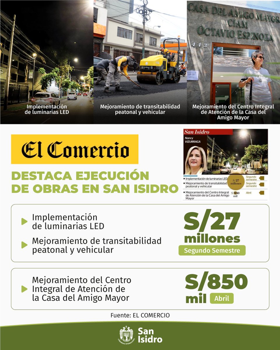 ¡#SanIsidro imparable! El @elcomercio_peru reconoció la gestión de la alcaldesa @NancyVizurraga en la ejecución de importantes obras de impacto en la seguridad, bienestar y desarrollo del distrito y de los vecinos, entre ellos, de nuestros adultos mayores.