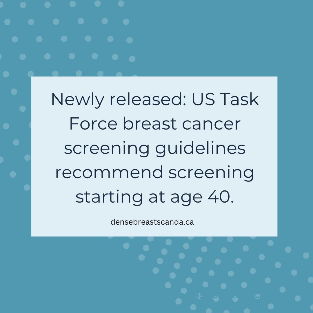US task force recommends screening at 40. Chair: “We made this new updated recommendation because the latest science clearly shows that starting at age 40...can further reduce deaths in breast cancer.' Awaiting @cantaskforce update... Cdn women deserve the same. @markhollandlib