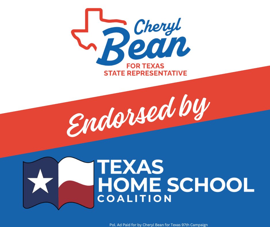 It's an honor to be endorsed by the Texas Homeschool Coalition. I fully support the idea that parents should have control over their children's education and be able to make the best choices for their families.  #Texas97th #txlege #EmpowerParents #VoteCherylBeanHD97Runoff