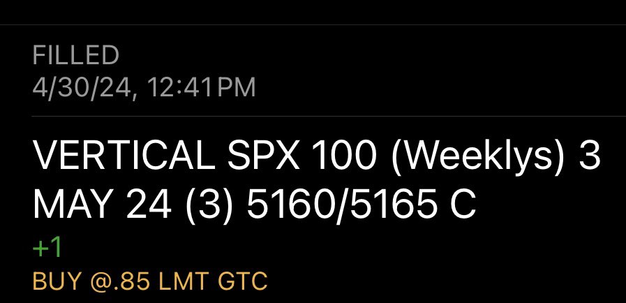 BTC $SPX 5160-5165 Bear CS 5/3 for 0.85

Profit = 75$ (47%)

Good play!

#notfinancialadvice #optionselling