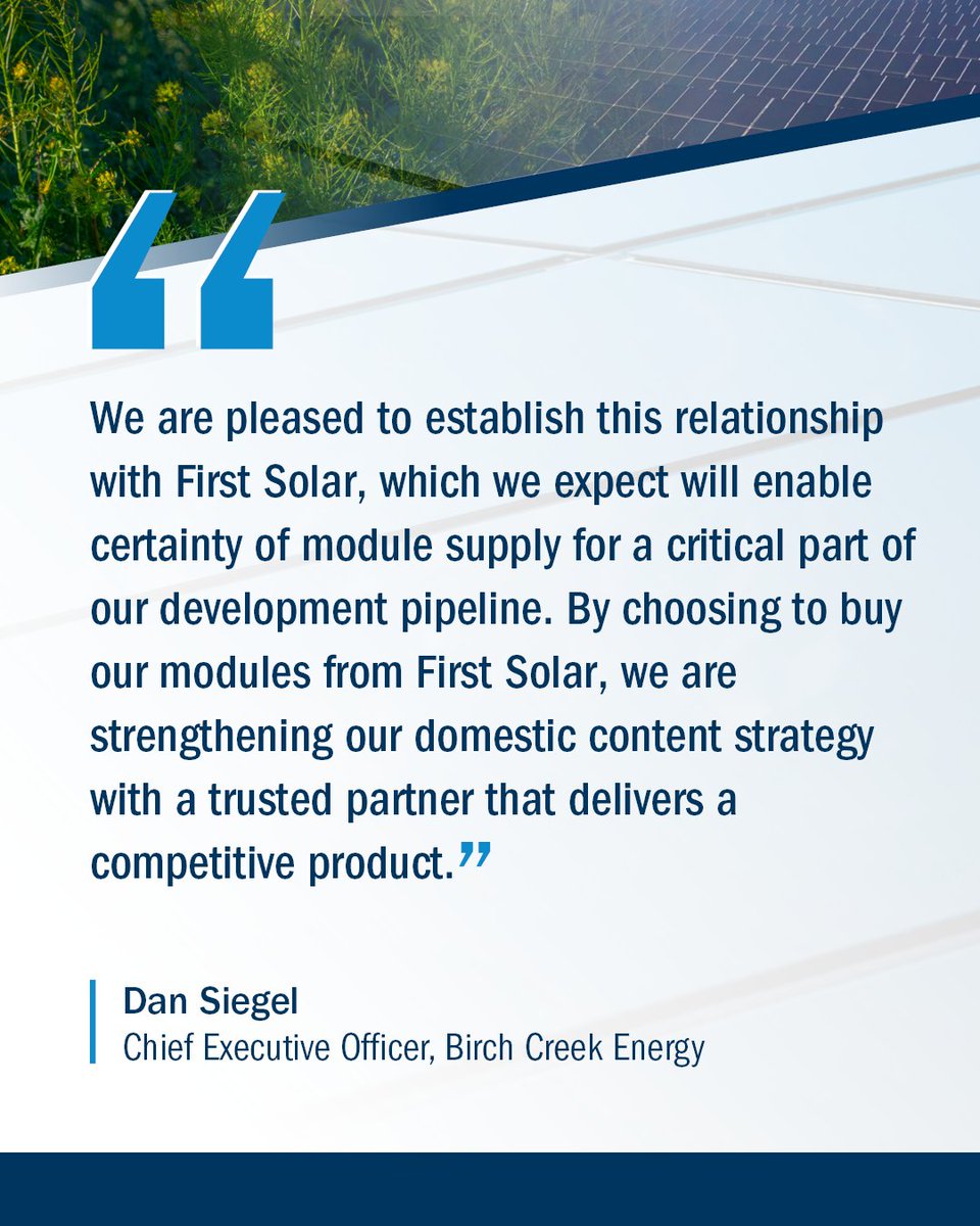 Today, First Solar announced an agreement to supply 
@BirchCreek17 with 547 MW of advanced Series 6 Plus Bifacial thin film photovoltaics (PV) modules which the St. Louis-based renewable energy company plans to deploy in projects across its development pipeline in the United…