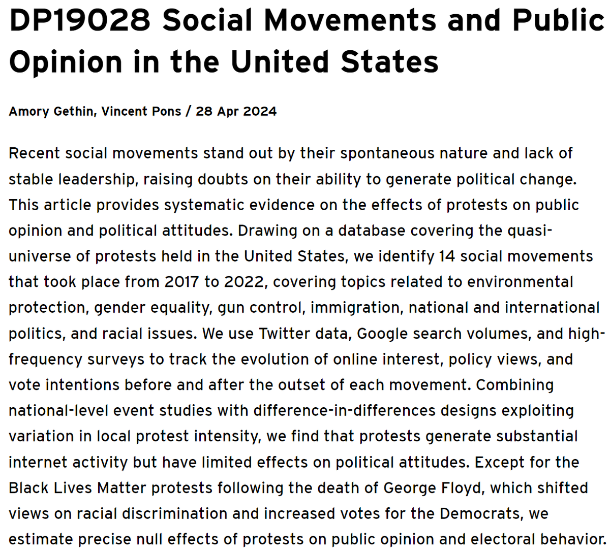In a new paper with @VinPons, we provide new systematic evidence on this question in the context of the United States 2017-2022, combining data on the quasi-universe of protests in the U.S. with social media data and high-frequency surveys.