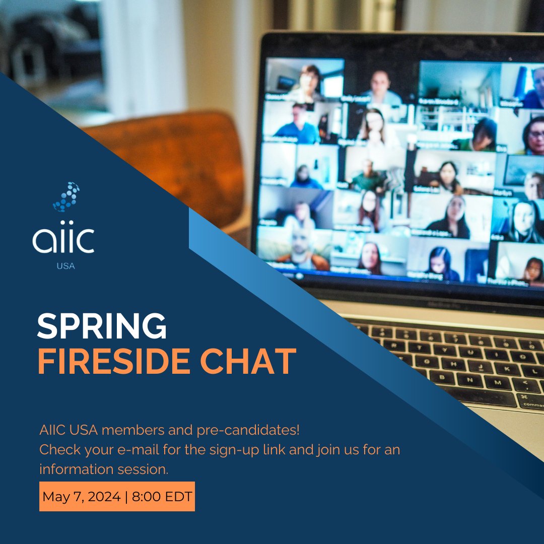 📢 AIIC USA Region 📢
We'll have a Fireside Chat on May 7 at 8:00 p.m. EDT, an  an opportunity to keep up with AIIC USA activities. Mark your calendars; sign-up link and an agenda coming soon. #conferenceinterpreting #conferenceinterpreters #thatswhyAIIC