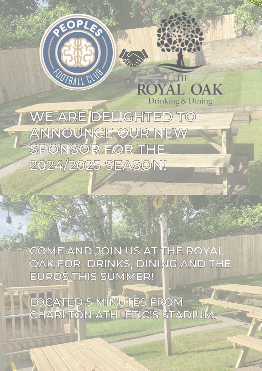 peoples_fc's tweet photo. ANNOUNCEMENT 📣 

We are delighted to have the Royal Oak Charlton as our new sponsors for the 2024/2025 season!

Come and join the club for drinks, dining and most importantly the Euros this summer! 

Thank you to Royal oak 🍺 https://t.co/XsmJhgtCa8