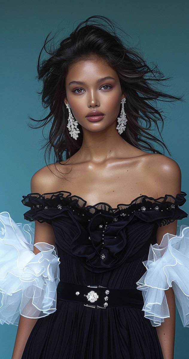 Elegance personified in a dramatic windswept portrait, this model stuns with vivid windswept hair, shimmering earrings, and a delicate black gown with ethereal white accents. Her gaze, serene yet commanding. //Created by user besimb8 in #Midjourney #AIArt #Art #AIArtCommunity