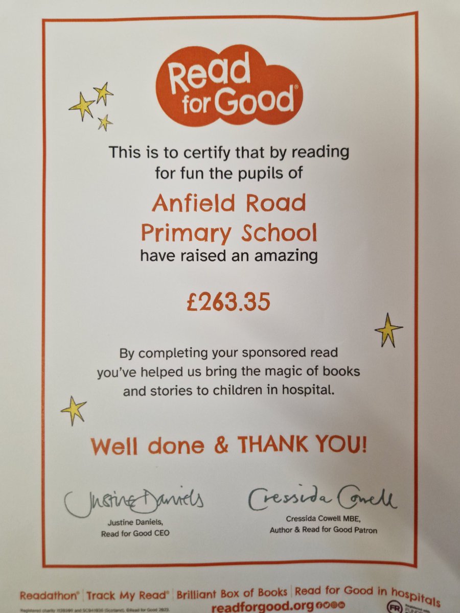 AnfieldReads's tweet photo. Today we recieved our certificate from @ReadforGoodUK for completing our sponsored read. Kyle and Nellie raised the most money in our school and recieved book vouchers as a huge well done. 🌟 @AnfieldRoadY2 @AnfieldRoadY6 https://t.co/22EgYrUYzI
