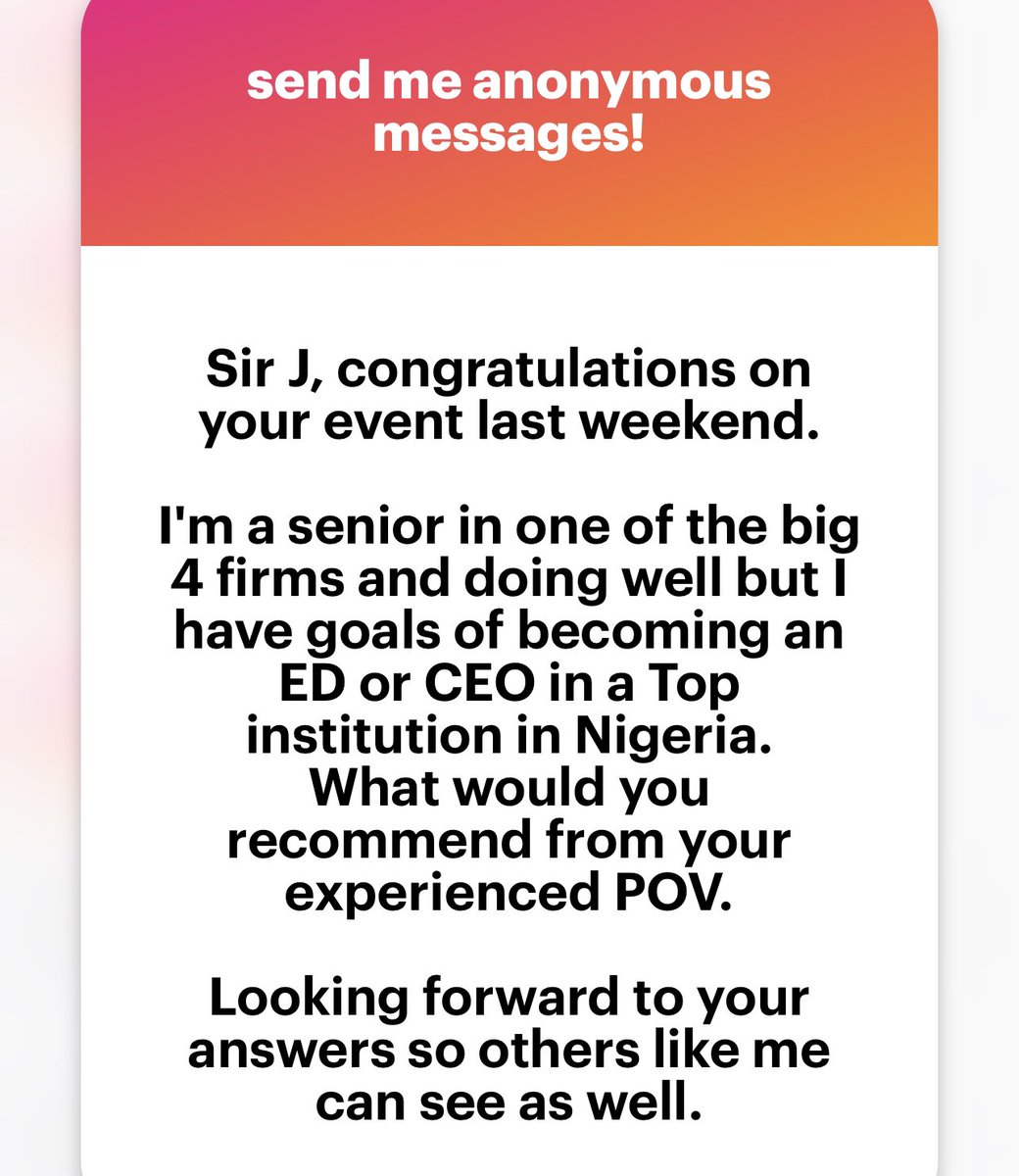 Good ambition 1. Be very good at your work 2. Start cultivating a decent network 3. Be visible in your workplace and in any place you find yourself in the future 4. Be visible in your industry 5. Read books, including biographies of execs and business leaders 6. Develop