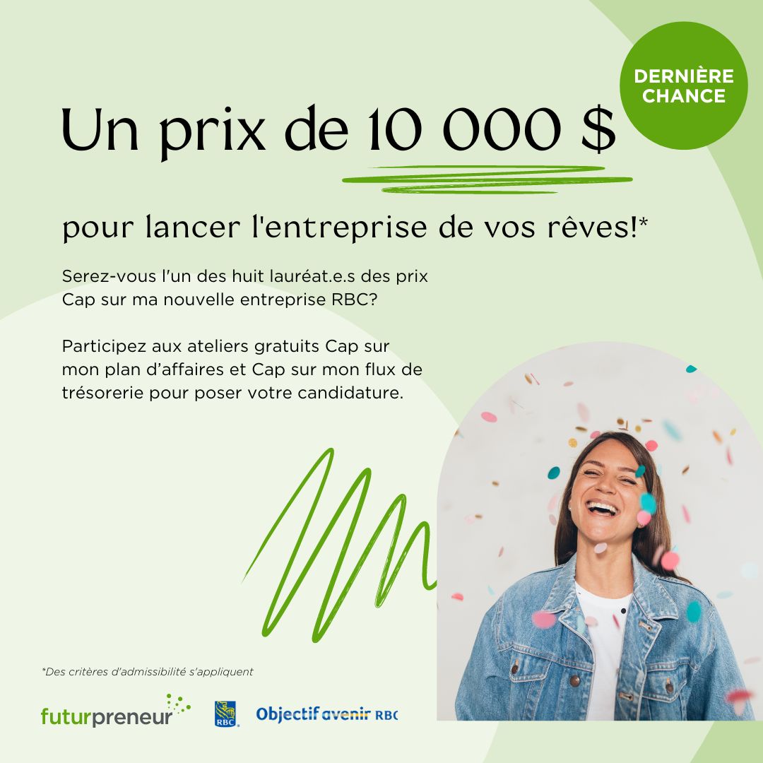 📢Appel aux jeunes entrepreneur.e.s prêts à faire évoluer leur #petiteentreprise! Vous pouvez vous inscrire aux ateliers virtuels gratuits #CapSurMesAffaires en mai et courir la chance de recevoir un prix de 10 000 $! 💰 En savoir plus : ⏩ bit.ly/3C59QZa