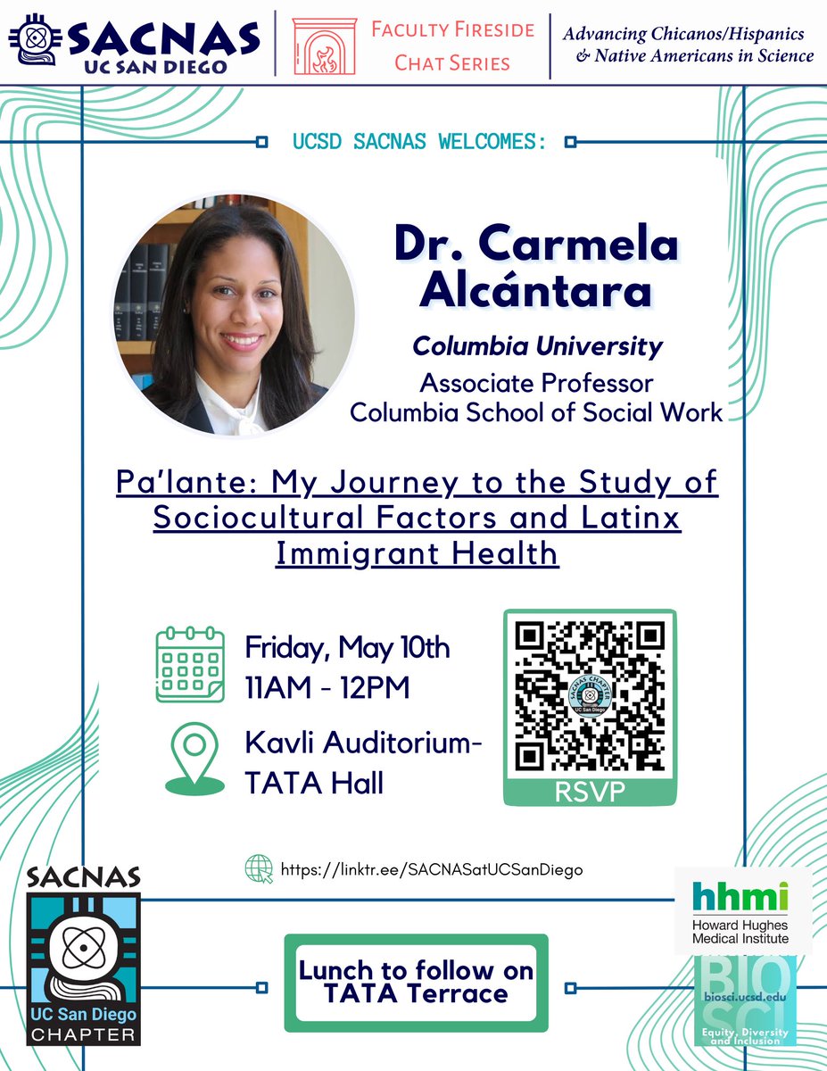 SACNAS at UC San Diego (@sacnas_ucsd) on Twitter photo We super excited to have Dr. Carmela Alcántara from <a href="/Columbia/">Columbia University</a> as our final fireside chat speaker this year!
Hear about her incredible journey and research with Latinx communities. May 10th at 11am in the Kavli Auditorium, with lunch to follow! <a href="/UCSDBioSciGrad/">UCSDBioSciGrad</a> <a href="/AlcantaraPhD/">Dr. Carmela Alcantara</a> We super excited to have Dr. Carmela Alcántara from <a href="/Columbia/">Columbia University</a> as our final fireside chat speaker this year!
Hear about her incredible journey and research with Latinx communities. May 10th at 11am in the Kavli Auditorium, with lunch to follow! <a href="/UCSDBioSciGrad/">UCSDBioSciGrad</a> <a href="/AlcantaraPhD/">Dr. Carmela Alcantara</a>