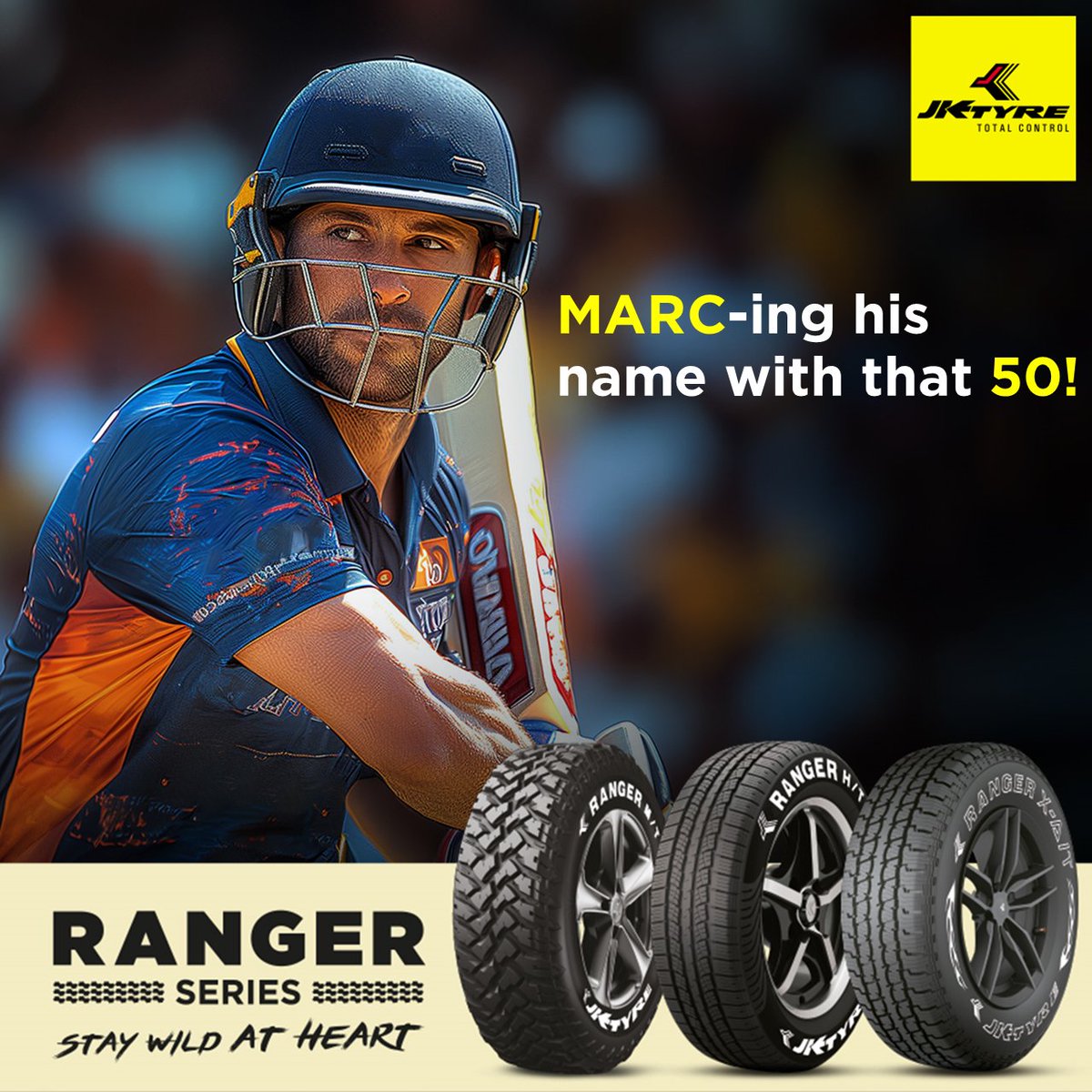 A 50 that's as wild as our Ranger series tyre! Check out the #RangerSeries from JK Tyre, built for adventures, and multiple terrains, for those who are ‘Wild at Heart’. #JKTyre #IndianT20League #Mumbai #Lucknow