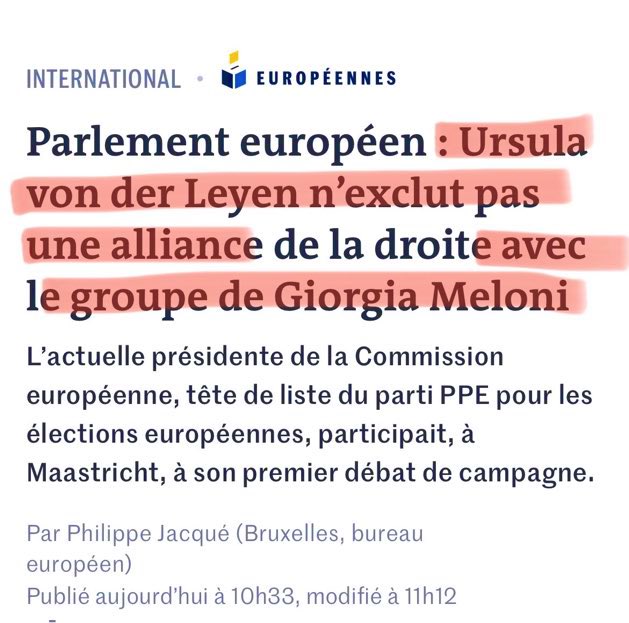 Contrairement à ce que promet @MarionMarechal, ses alliés européens s'uniront à Ursula von der Leyen et aux #macronistes. 5 députés #Reconquête c’est 5 soutiens en + à #VonDerLeyen. Le 9 juin, un seul tour, un seul vote utile, votez @J_Bardella ! #VivemementLe9Juin