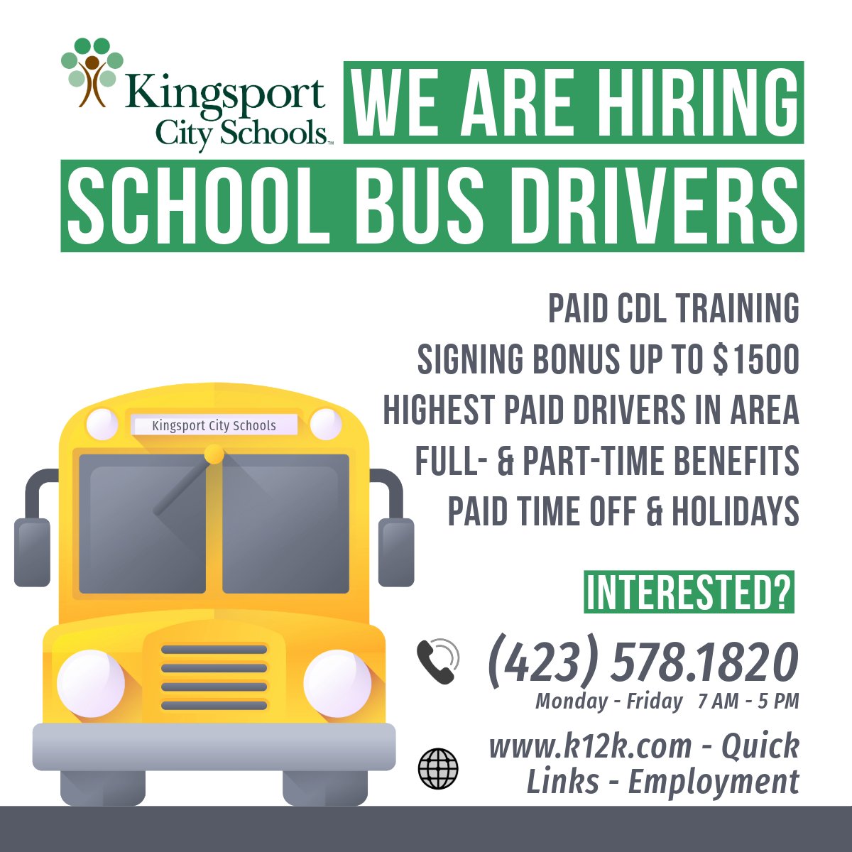 Love being around children & need a full- or part-time position? 🧐 If so, we'll pay you to learn to drive a school bus! 🚌⭐ 🚌Paid CDL & training 🚌Signing Bonus 🚌Highest wage in area 🚌Opp. for Benefits & PTO 🚌Summers Off 🚌Holidays Call us at (423) 578.1820!
