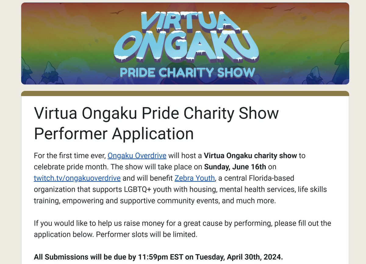 Performer Applications for the Virtua Ongaku Pride Charity Show to benefit Zebra Youth close TONIGHT at 11:59pm EST. LINK in the next post!