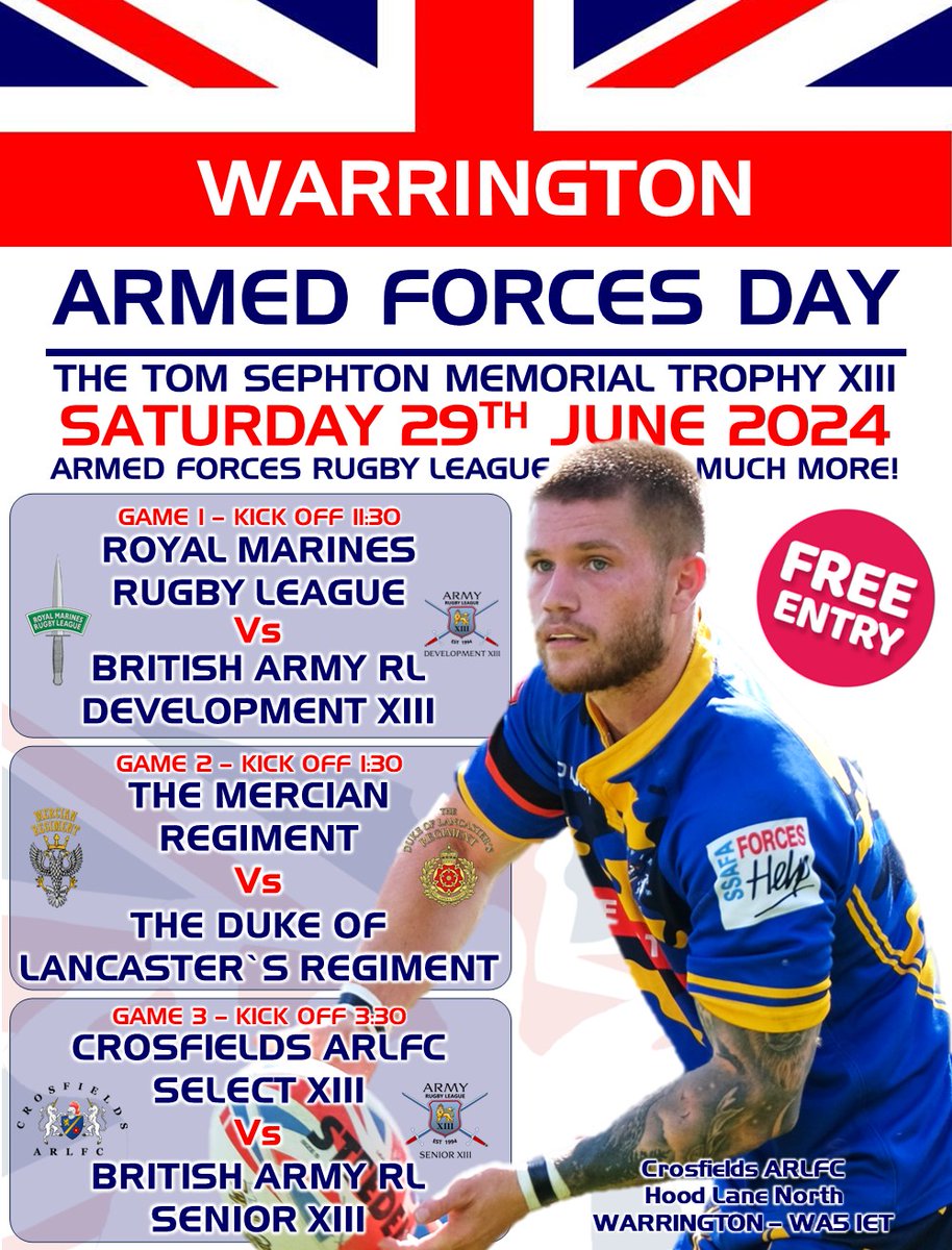 @sephtontrophy (@sephtontrophy) on Twitter photo It's #Warrington 's best FREE day out!
๐ฌ๐ง<a href="/ArmedForcesDay/">Armed Forces Day ๐ฌ๐ง</a> and the <a href="/sephtontrophy/">@sephtontrophy</a> are back at <a href="/CrosfieldsRugby/">Crosfields Rugby</a> Club!
๐Saturday 29th June
<a href="/ArmyRugbyLeague/">Army Rugby League</a> Dev' XIII V <a href="/RoyalMarines/">Royal Marines</a>
<a href="/MercianRegiment/">Mercian Regiment</a> V <a href="/LANCS_REGT/">Duke of Lancaster's</a>
<a href="/CrosfieldsRugby/">Crosfields Rugby</a> V <a href="/ArmyRugbyLeague/">Army Rugby League</a> 1st XIII
Spread the word!๐ฃ It's #Warrington 's best FREE day out!
๐ฌ๐ง<a href="/ArmedForcesDay/">Armed Forces Day ๐ฌ๐ง</a> and the <a href="/sephtontrophy/">@sephtontrophy</a> are back at <a href="/CrosfieldsRugby/">Crosfields Rugby</a> Club!
๐Saturday 29th June
<a href="/ArmyRugbyLeague/">Army Rugby League</a> Dev' XIII V <a href="/RoyalMarines/">Royal Marines</a>
<a href="/MercianRegiment/">Mercian Regiment</a> V <a href="/LANCS_REGT/">Duke of Lancaster's</a>
<a href="/CrosfieldsRugby/">Crosfields Rugby</a> V <a href="/ArmyRugbyLeague/">Army Rugby League</a> 1st XIII
Spread the word!๐ฃ