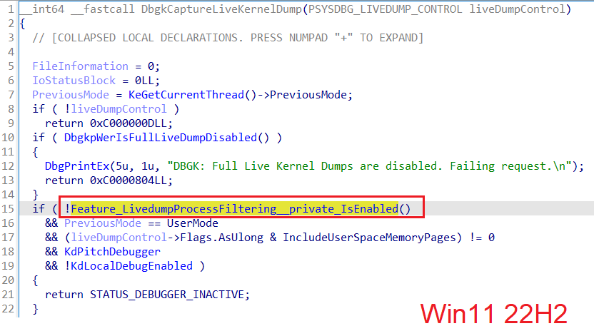I noticed an interesting change starting from Windows 11 22H2 in the behavior of NtSystemDebugControl when taking a live kernel dump (SysDbgGetLiveKernelDump) including user-mode pages (flag IncludeUserSpaceMemoryPages).

Until Windows 11 21H2 code in nt!DbgkCaptureLiveKernelDump