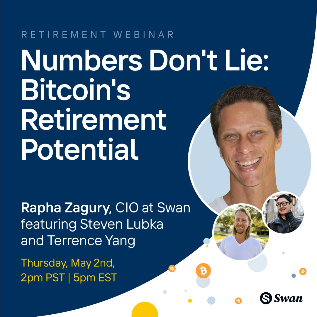 The Numbers DON'T Lie! Join Rapha Zagury, Swan's CIO, for a FREE live session to discuss Bitcoin's Retirement Potential. 📅Register here: swanbitcoin.zoom.us/webinar/regist… Join us for: - The perfect #Bitcoin allocation - How Bitcoin could 100x from here - Why Bitcoin deserves a place in…