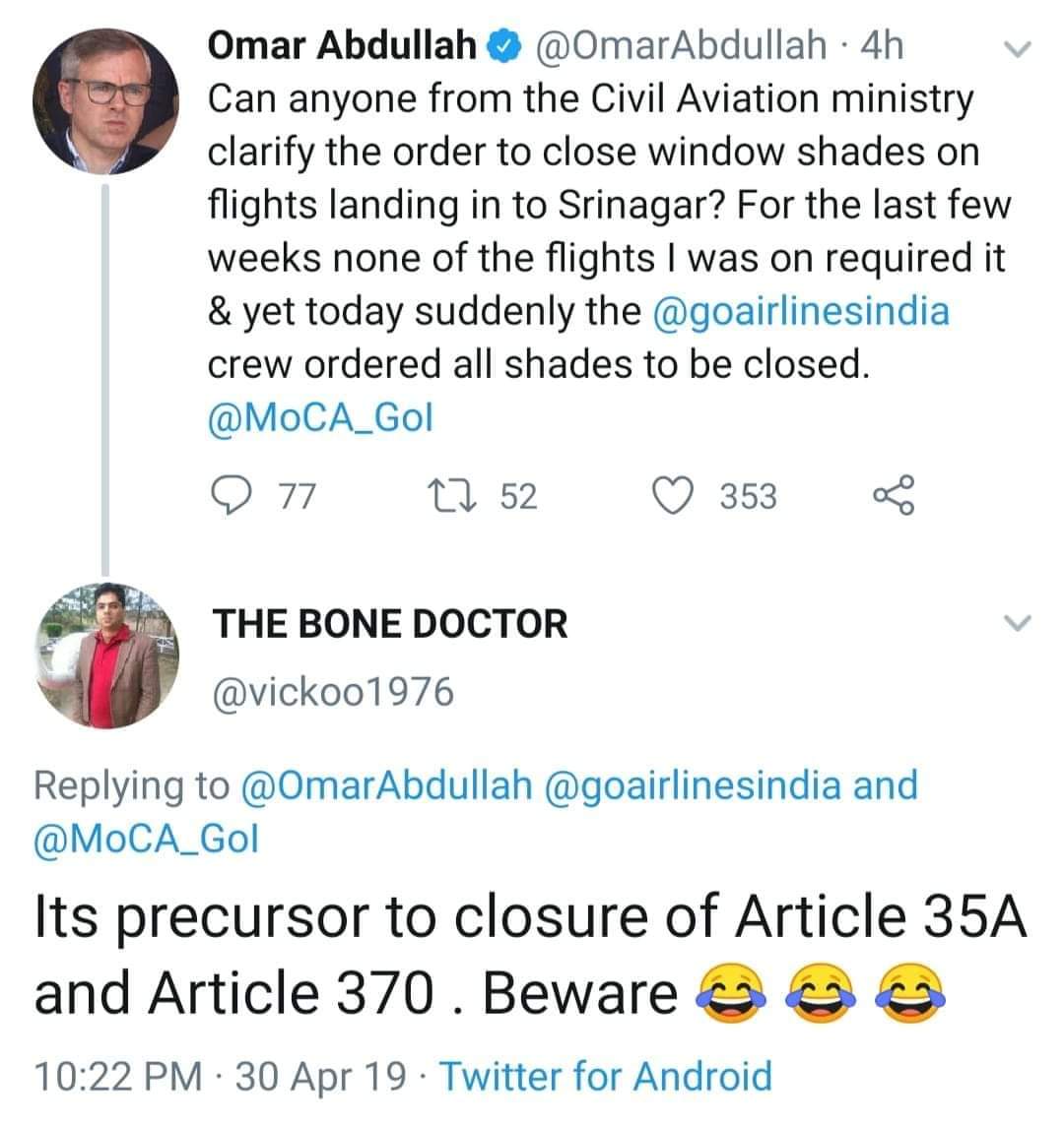 This is 5 years old Tweet (Now X) . I had hinted Mr @OmarAbdullah about removal of Article 370 & 35 A nearly 3 months in advance on April 30 , 2019 itself ☺️👇👇👇