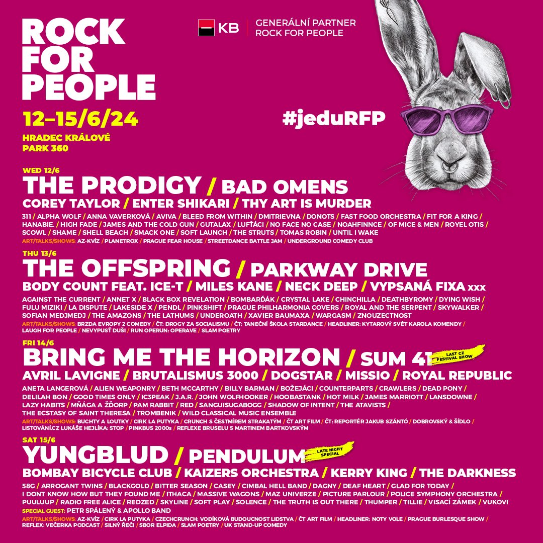 FINÁLNÍ PROGRAM #RockforPeople2024 je tady - PŘIDÁVÁME POSLEDNÍ JMÉNA a zahajujeme fázi těšení! 🤩 🎶 MILES KANE / Casey / Landsdowne / Massive Wagons / Pinkshift / Radio Free Alice / Shell Beach / Soft Launch / TiLLie A STOVKY DALŠÍCH! 🎶 #jeduRFP #rockforpeople2024