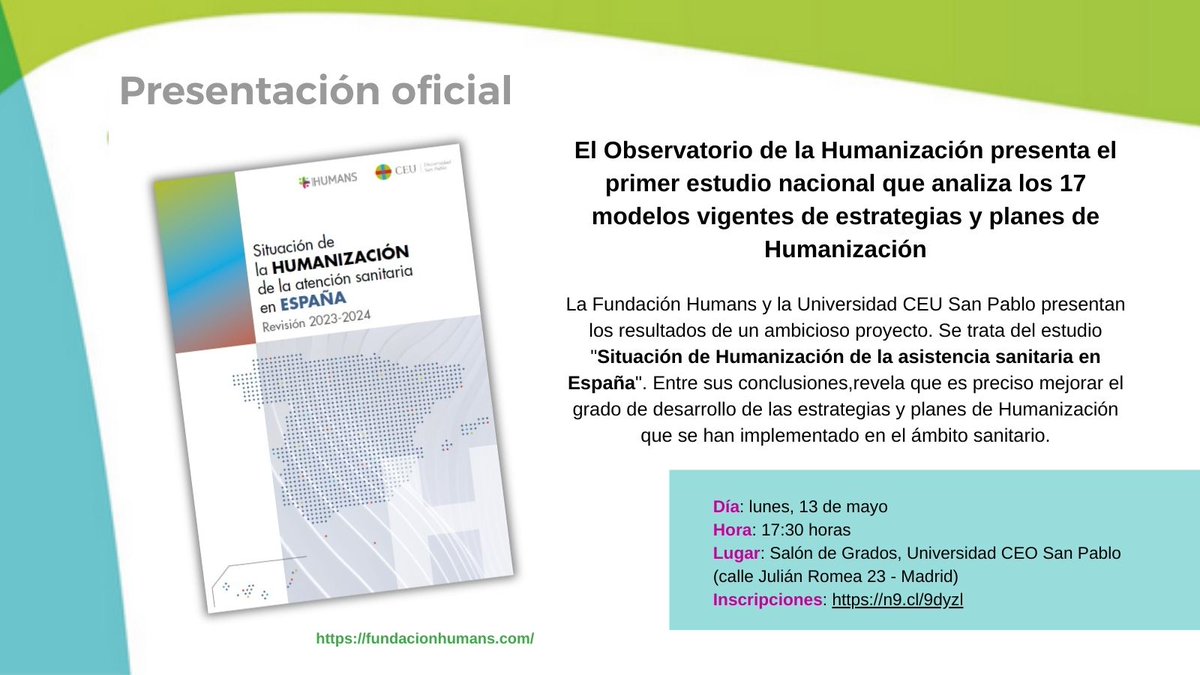 Lo tenemos todo listo para conocer las conclusiones extraídas del estudio: ➡️'Situación de la Humanización en España'. El próximo lunes hablaremos sobre las distintas tendencias en los planes de salud y la generación de sinergias. 📍@USPCEU eventbrite.com/e/entradas-pre…