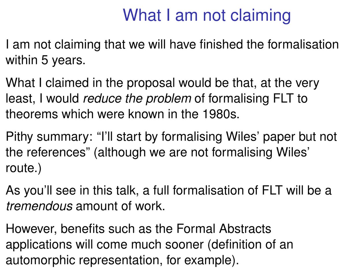 Just to clarify: The proposed project is to *reduce* FLT (a theorem from the 1990s) to 'mathematics known in the 1980s'. Unless of course *lots* of humans get involved, and get really good at Lean, in which case things might move quicker. And of course, another possibility: AI