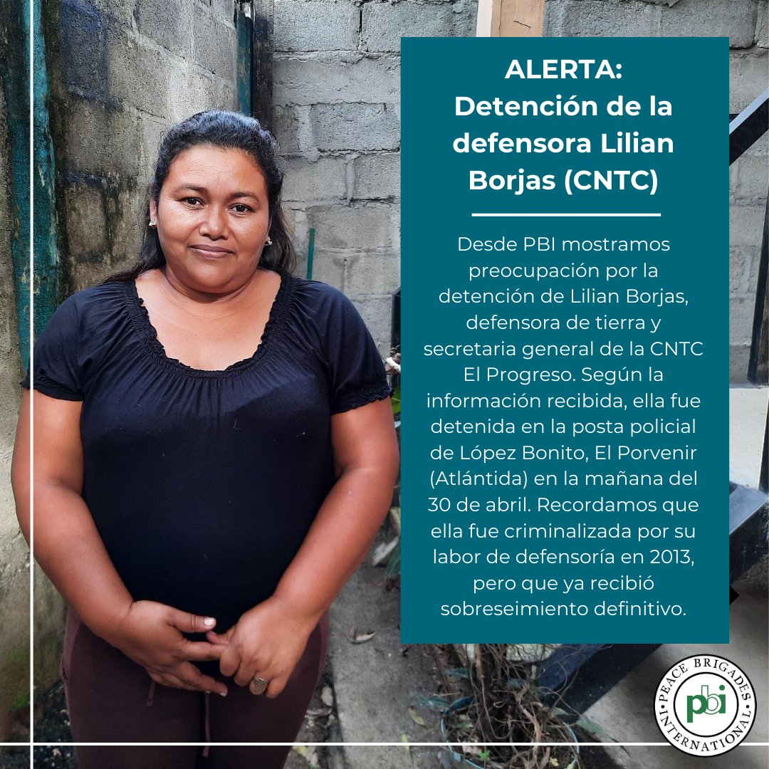 ‼️Desde PBI, mostramos preocupación por la detención de Lilian Borjas, secretaria general de la CNTC en El Progreso. Recomendamos a la comunidad internacional pronunciarse en solidaridad con ella. Desde PBI, estamos muy pendientes de su seguridad y bienestar.