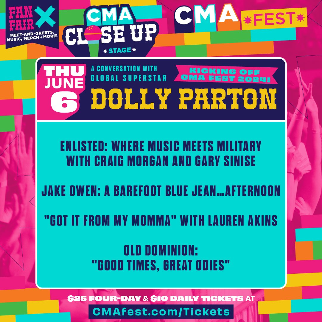 JUST ANNOUNCED! I’m appearing at #CMAfest on the CMA Close Up Stage inside Fan Fair X to support the ⁦@cmafoundation⁩ & their mission to shape the next generation through music education. Tickets & details: CMAfest.com/FanFairX. See you there!