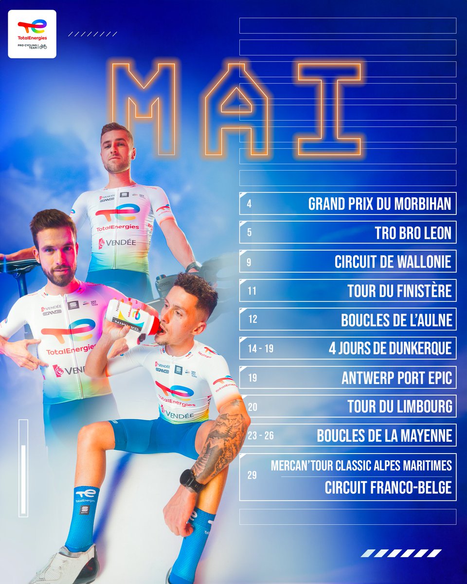 Voici le calendrier du Team pour le mois de 𝒎𝒂𝒊 📆 Au programme ➡️ des courses en France et en Belgique pour nos coureurs ! 🇫🇷 🇧🇪 #AllezTotalEnergies