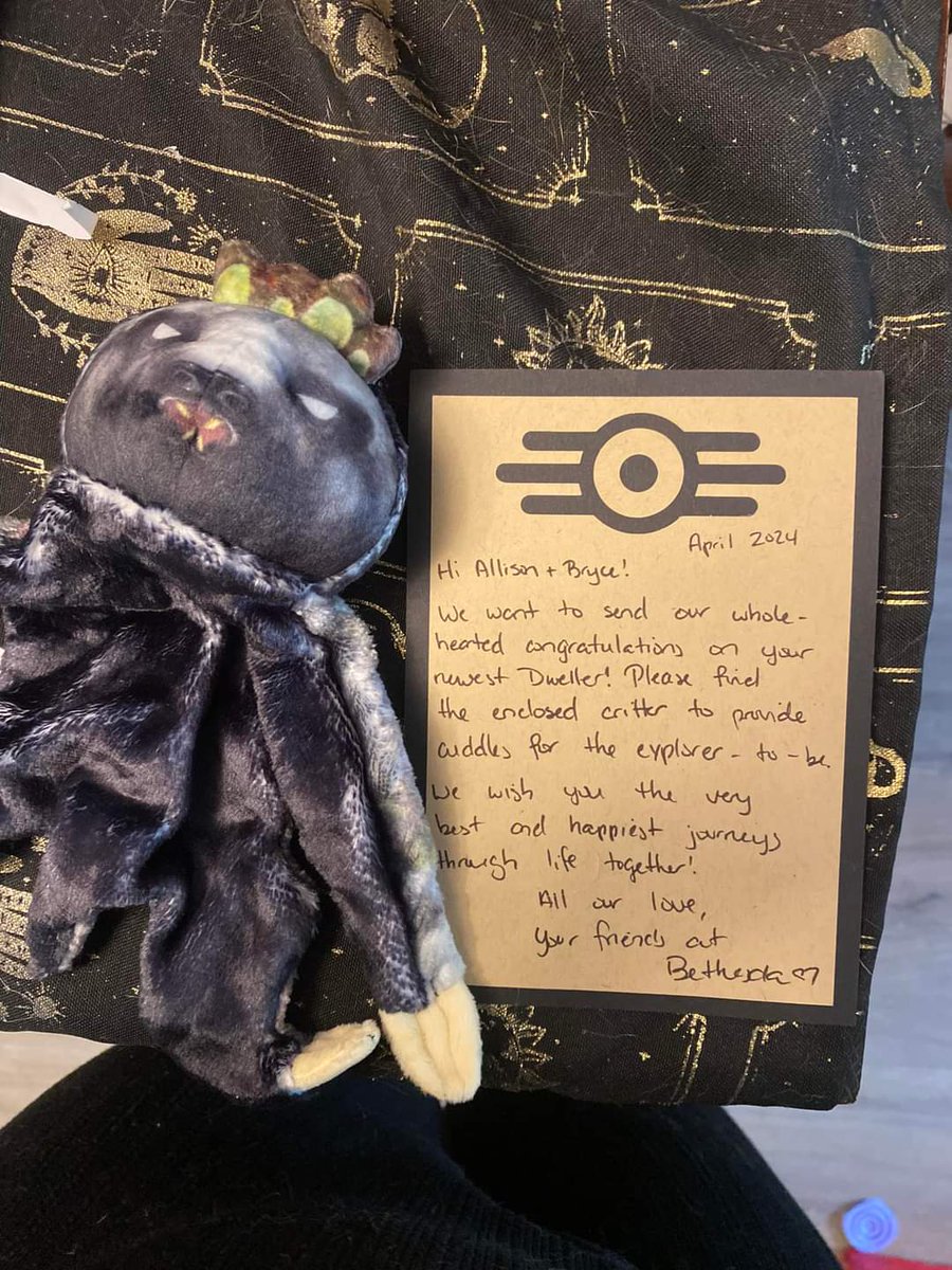 Omg a Fallout fan invited Bethesda to their baby shower and look what they sent back 😭😭😭