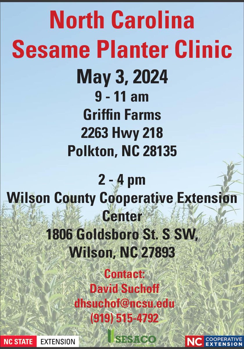 #Sesame planter clinics are happening tomorrow in North Carolina! @CropAndSoil @NCExtension