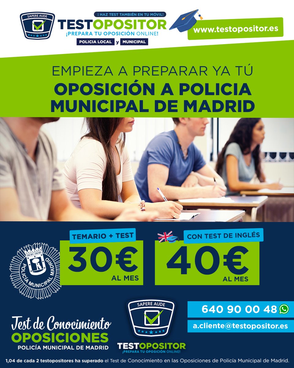 Testopositor1's tweet photo. 🚨PREPARA TU OPOSICIÓN A POLICIA MUNICIAL DE MADRID🚨
En TESTOPOSITOR  tienes todo el TEMARIO + TEST por sólo 30 € / mes
Y además del TEMARIO + TEST quieres acceso a los TEST DE INGLÉS por sólo 40 € al mes. https://t.co/2y7AXA2rwJ https://t.co/sAEmwT7kEa
