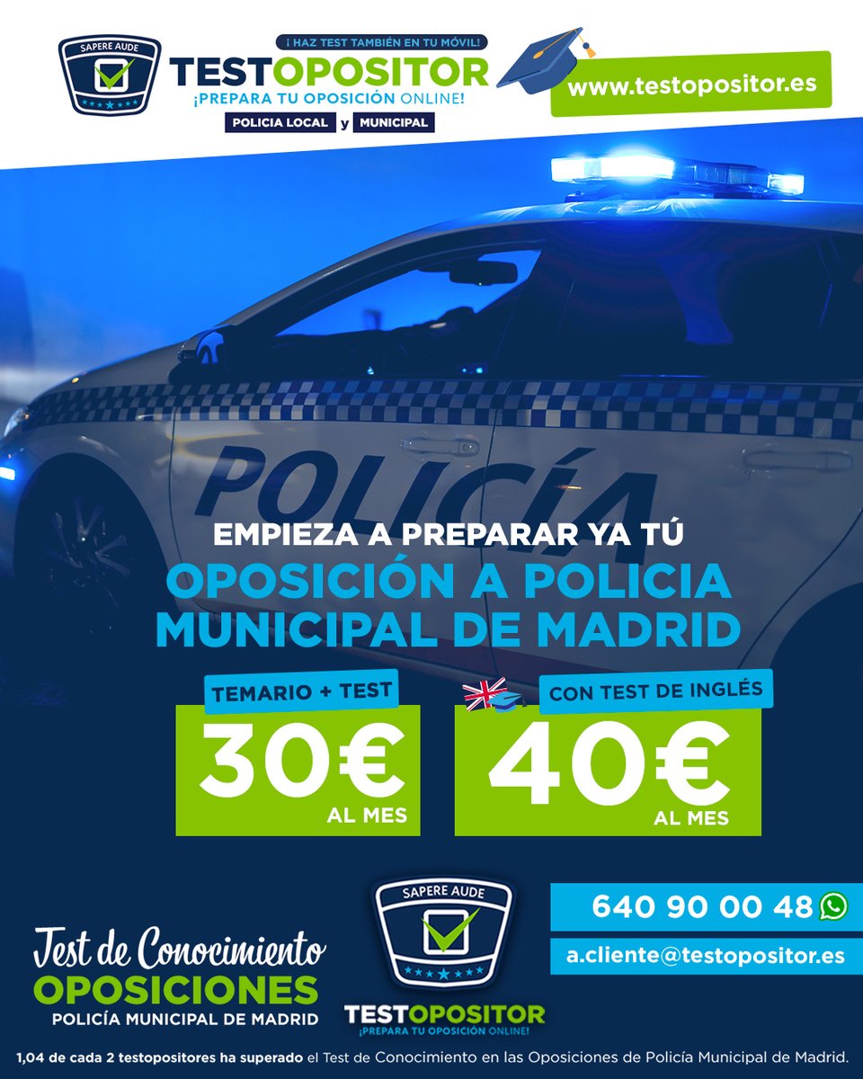 Testopositor1's tweet photo. 🚨 En TESTOPOSITOR  tienes todo el TEMARIO para tu oposicion a Policia Municipal de Madrid + TEST justificados online por sólo 30 € / mes
👉 Y además del TEMARIO + TEST quieres acceso a los TEST DE INGLÉS por sólo 40 € al mes. https://t.co/jOrO6x4ZCN