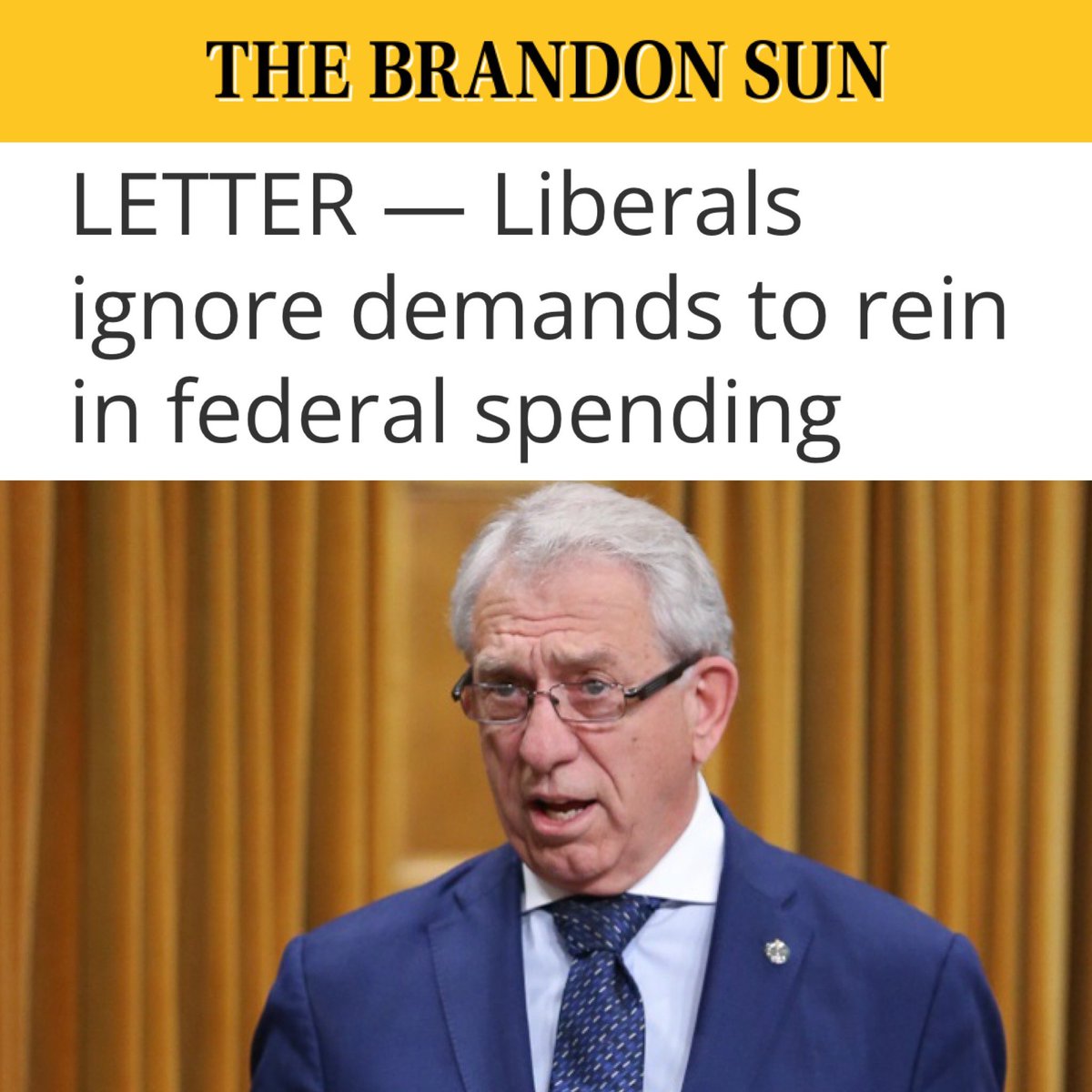 The Liberals have no intention of slowing down federal spending. Their $40B deficit brings Canada’s debt to $1.25 trillion. Think about this: ALL of the GST Canadians pay in 2024 will be needed to cover Justin Trudeau’s interest payments on his debt. 👉 brandonsun.com/opinion/2024/0…