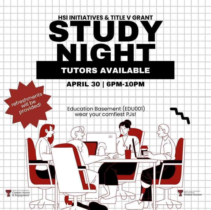 TTUrenewable's tweet image. Get ready for a study night full of fun. Wear your best PJs, and bring your appetite for free food, drinks, tutors, and more! Tonight from 6PM to 10PM. Don&apos;t miss out on prepping for finals in style! @ttu_hsi  #StudyNight #FinalsPrep #TutorTime